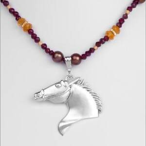 Sterling Silver Horse Head on Citrine Garnet Freshwater Pearls and 14k Yellow Gold Beads