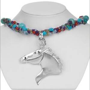 Sterling Silver Horse Head with .10ct Black Diamond on Jasper Turquoise Amethyst Peridot and Aqua Be