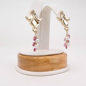 14K yellow gold dangle earrings with pearls and pink tourmaline briolettes with .12cts of diamonds