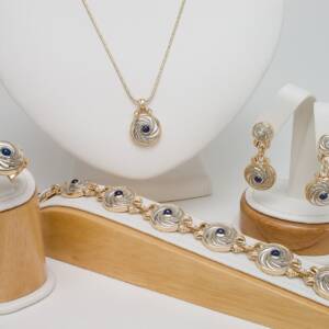 Suite of The Future all 14k two tone with Cabochon Sapphires or Emeralds